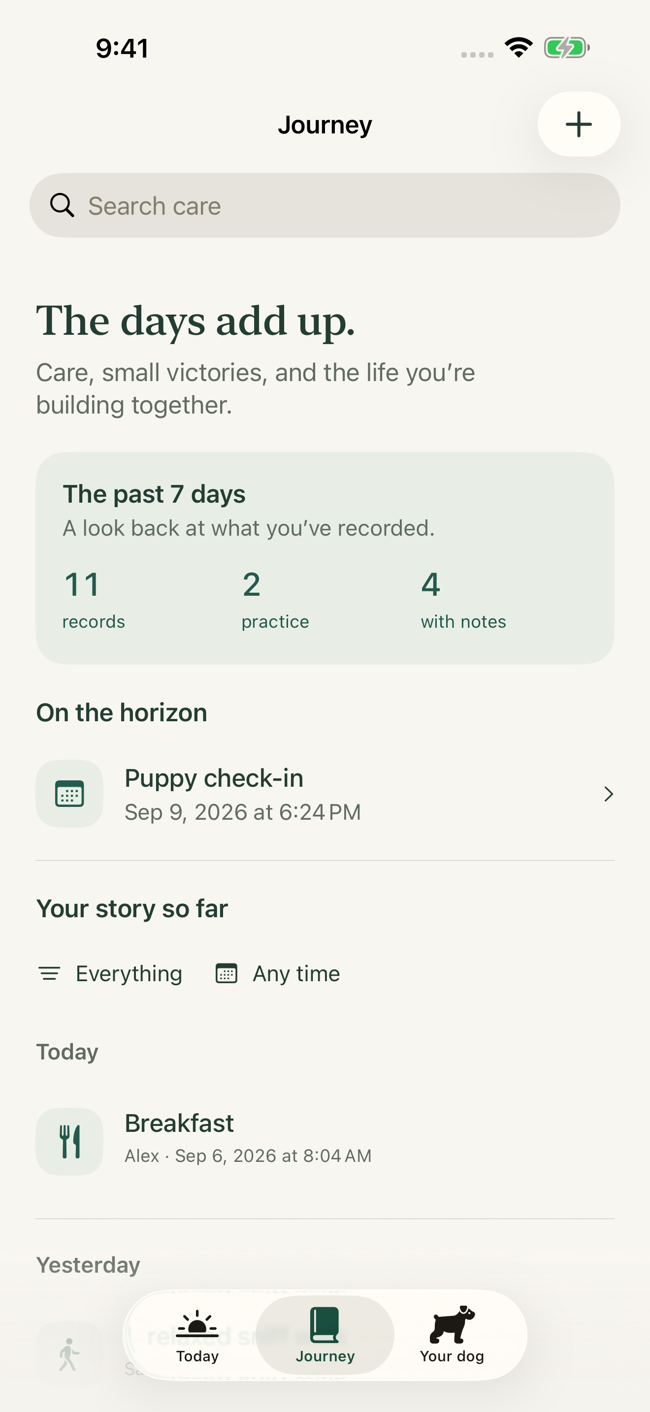 Tendry’s Journey screen showing a chronological care history for the example dog Maple