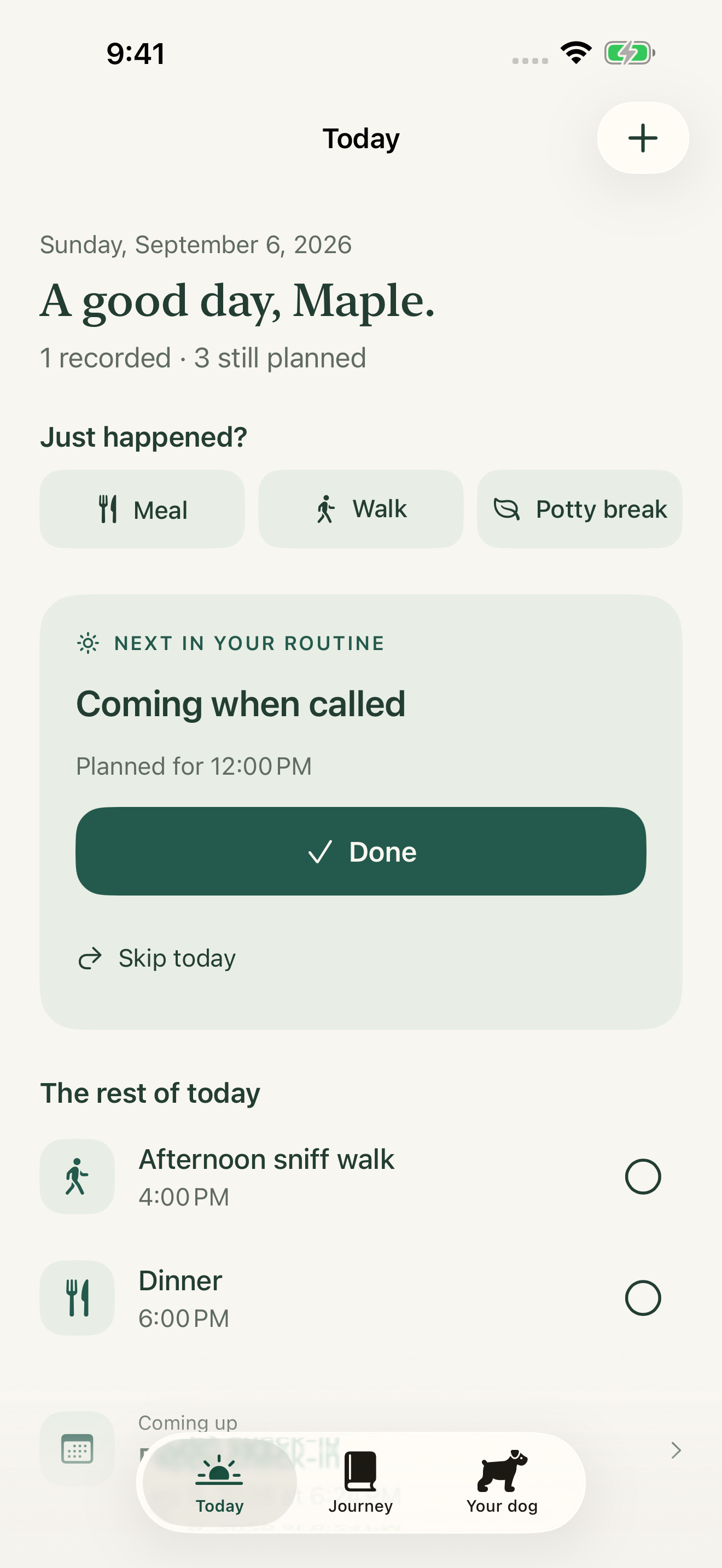 Tendry’s Today screen with Maple’s daily care plan and upcoming appointment